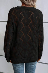 Black Hollow Out Knit V Neck Drop Shoulder Sweater Sweaters JT's Designer Fashion