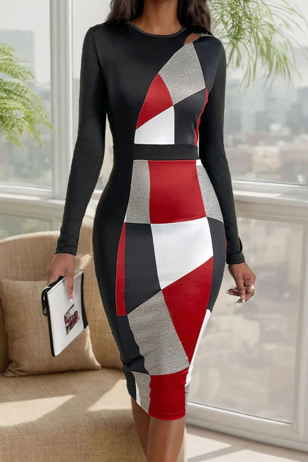 Cutout Color Block Round Neck Long Sleeve Dress Black Bodycon Dresses JT's Designer Fashion
