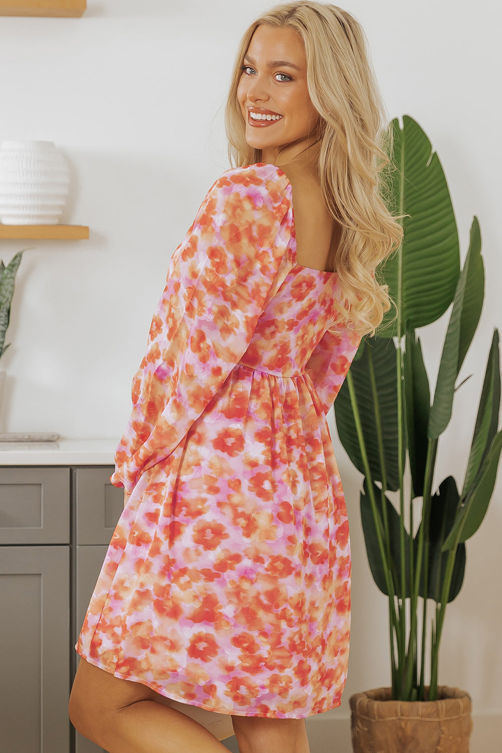 Rose Floral Print Square Neck High Waist Mini Dress Floral Dresses JT's Designer Fashion