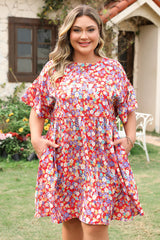 Red Dainty Flower Printed Plus Size Short Sleeve Shift Dress Plus Size Mini Dresses JT's Designer Fashion
