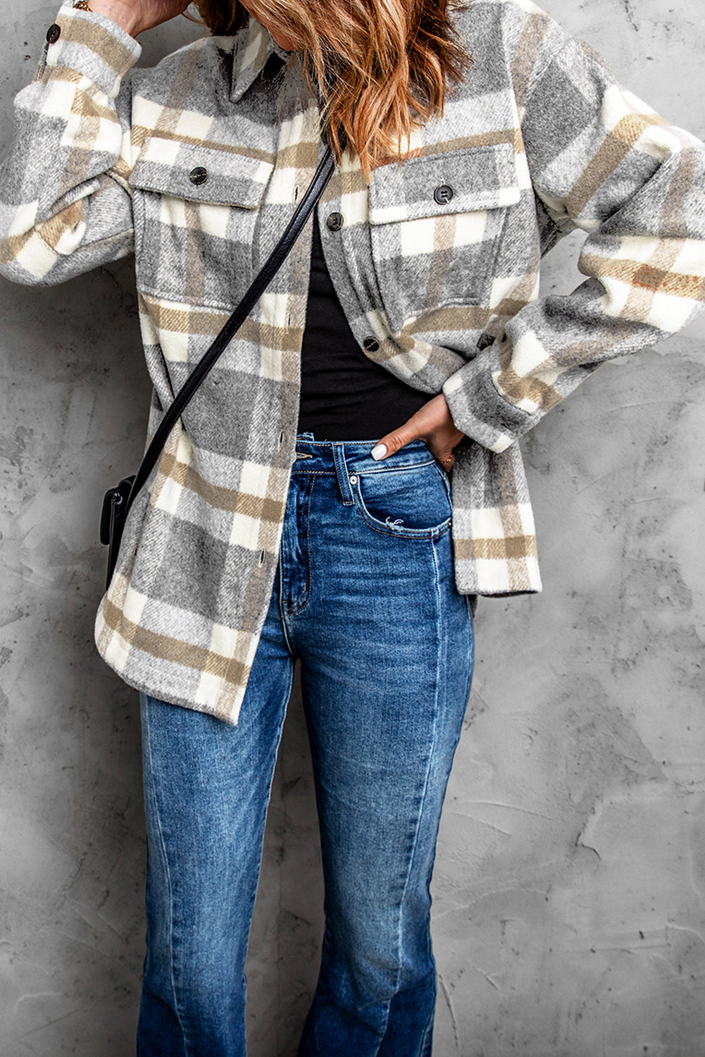 Brown Plaid Print Pocket Women Shacket Plaid Shackets JT's Designer Fashion