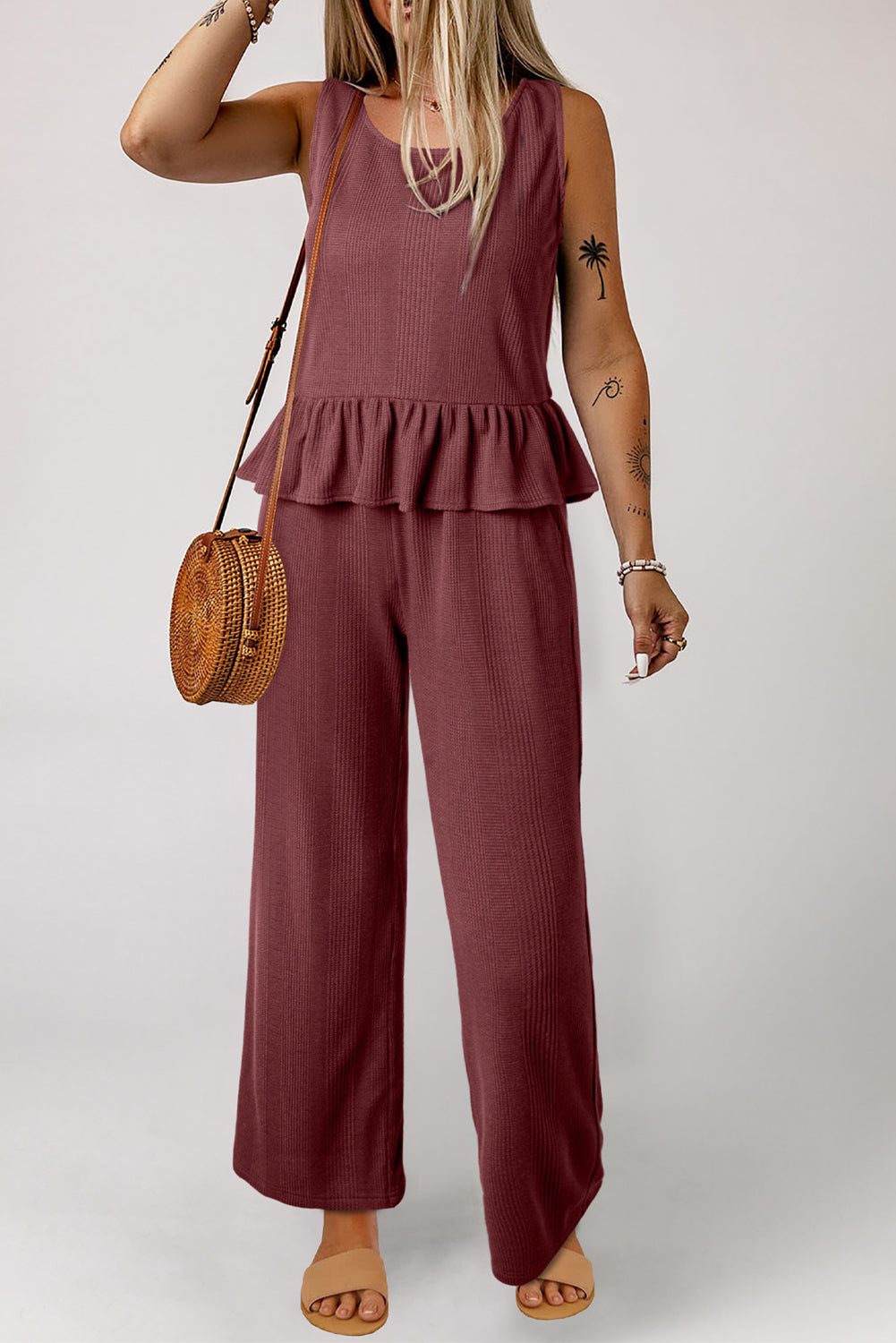 Red Dahlia Solid Color Ribbed Ruffle Tank Top and Pants Set Pant Sets JT's Designer Fashion