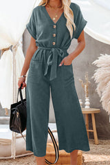 Blue Dolman Button Belted V Neck Wide Leg Pocketed Jumpsuit Blue 95%Polyester+5%Elastane Jumpsuits & Rompers JT's Designer Fashion