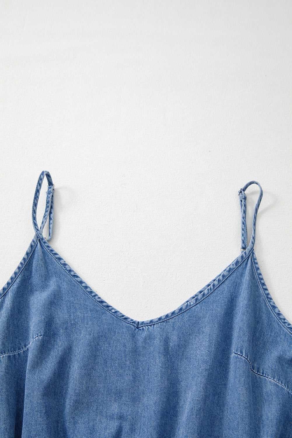 Ashleigh Blue Spaghetti Straps V Neck Belted Ruffled Leg Chambray Romper Bottoms JT's Designer Fashion