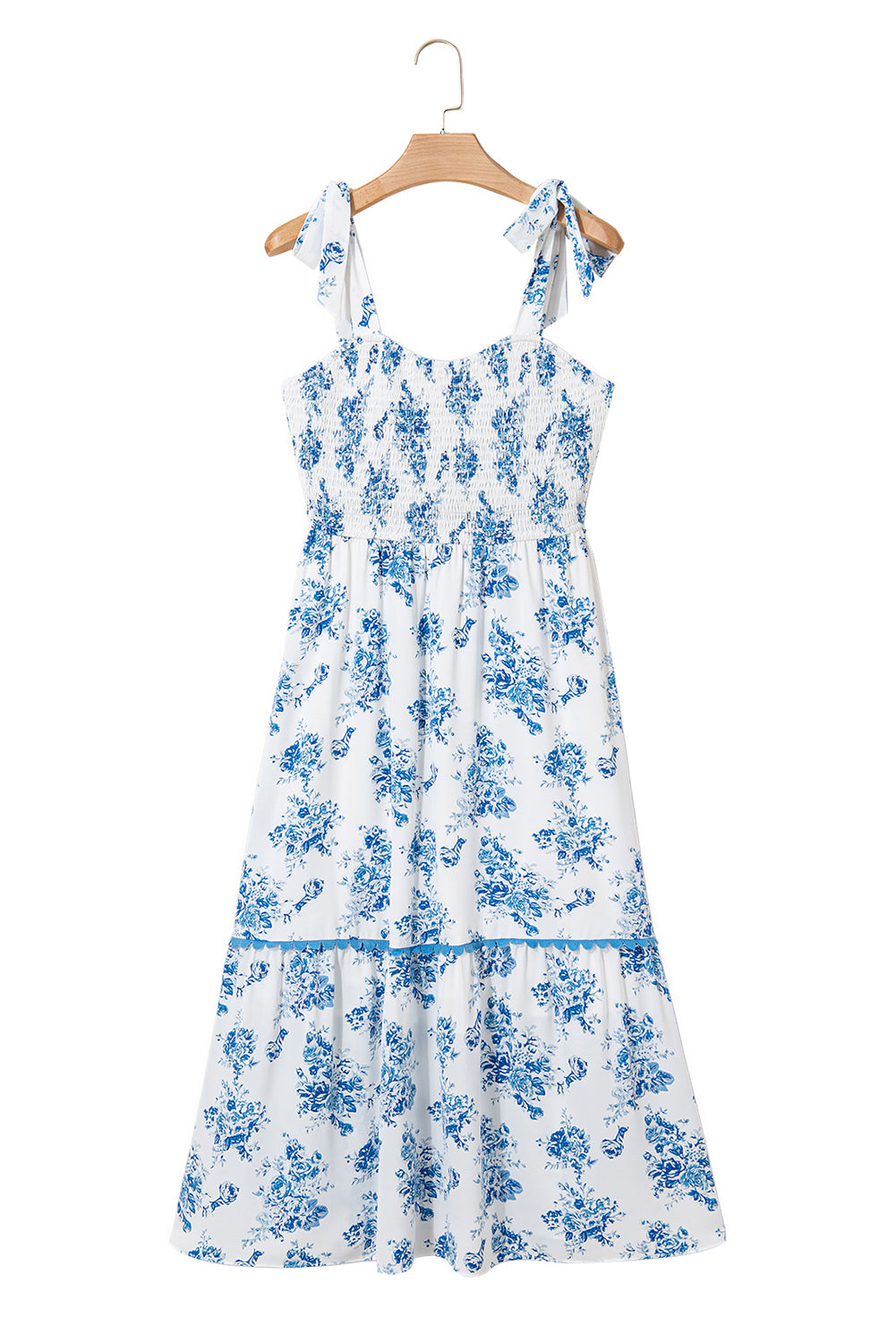 Sky Blue Floral Print Shirred Knot Shoulder Sleeveless Long Dress Floral Dresses JT's Designer Fashion
