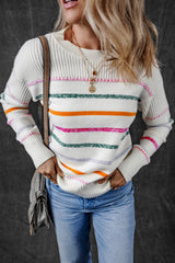 White Colorful Striped Ribbed Trim Sweater Sweaters JT's Designer Fashion