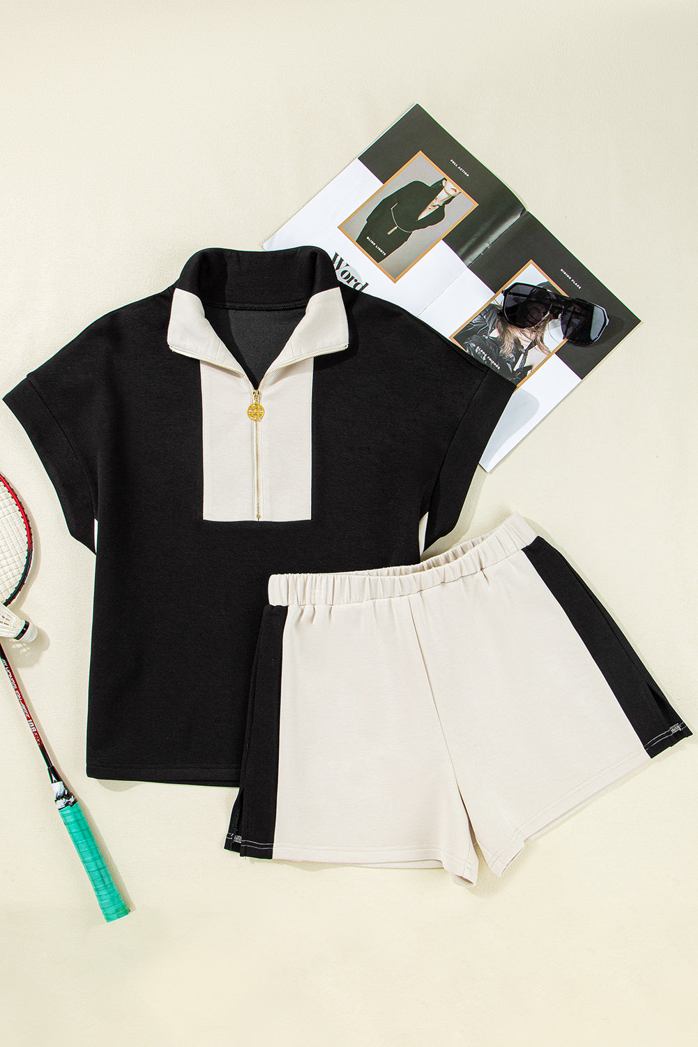 Black Contrast Zipped Stand Collared T Shirt and Short Set Short Sets JT's Designer Fashion