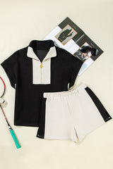 Black Contrast Zipped Stand Collared T Shirt and Short Set Short Sets JT's Designer Fashion