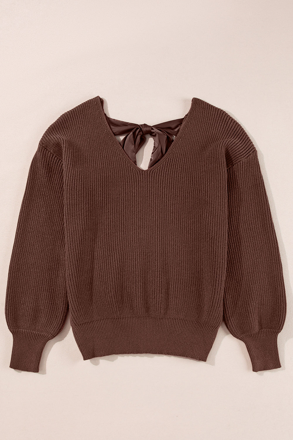 Coffee Lantern Sleeve V Neck Knot Back Sweater Sweaters JT's Designer Fashion