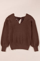 Coffee Lantern Sleeve V Neck Knot Back Sweater Sweaters JT's Designer Fashion