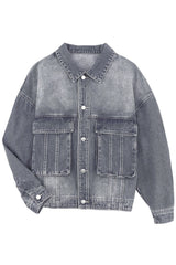 Gray Chest Pockets Drop Shoulder Loose Denim Jacket Denim Jackets JT's Designer Fashion