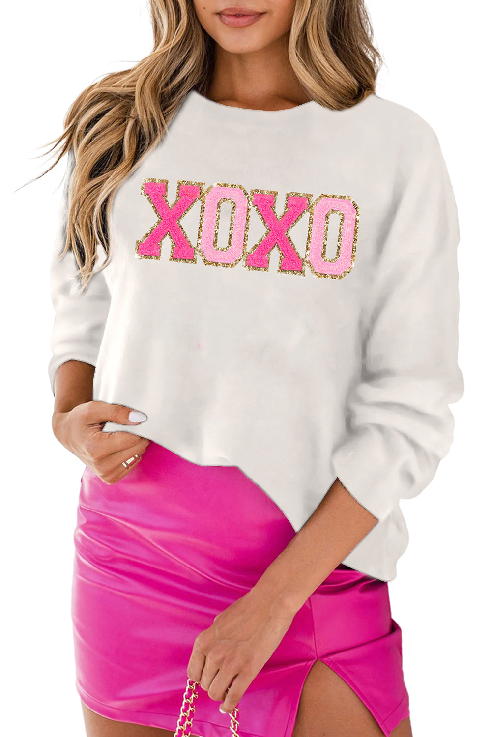 White XOXO Glitter Print Round Neck Casual Sweater Sweaters JT's Designer Fashion