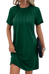 Green Contrast Lace Raglan Sleeve Pleated Detail Shift Dress T Shirt Dresses JT's Designer Fashion