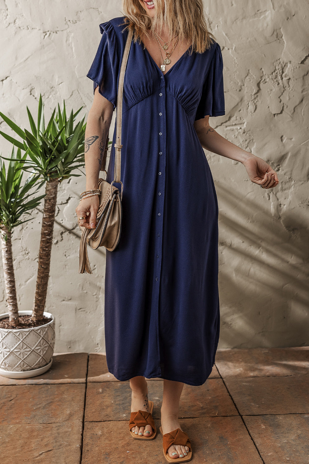 Navy Blue V Neck Buttoned Front Shirred Back Short Sleeve Midi Dress Dresses JT's Designer Fashion