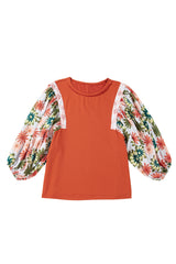 Desert Gold Floral Puff Sleeve Patchwork Round Neck Blouse Blouses & Shirts JT's Designer Fashion