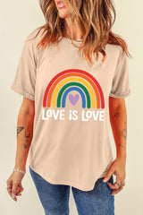 Khaki Love is Love Rainbow Heart Printed Cotton Blend T Shirt Graphic Tees JT's Designer Fashion