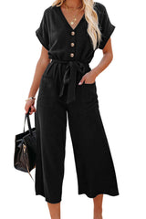 Black Dolman Button Belted V Neck Wide Leg Pocketed Jumpsuit Jumpsuits & Rompers JT's Designer Fashion