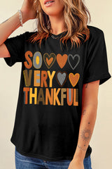 Black So Very Thankful Heart Printed Crewneck Thanksgiving T Shirt Graphic Tees JT's Designer Fashion