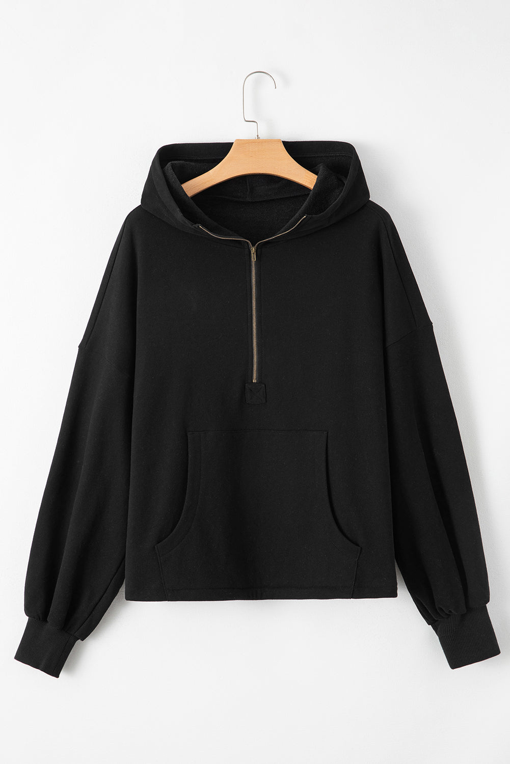Black Fleece Lined Half Zipper Kangaroo Pockets Loose Hoodie Sweatshirts & Hoodies JT's Designer Fashion