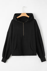 Black Fleece Lined Half Zipper Kangaroo Pockets Loose Hoodie Sweatshirts & Hoodies JT's Designer Fashion