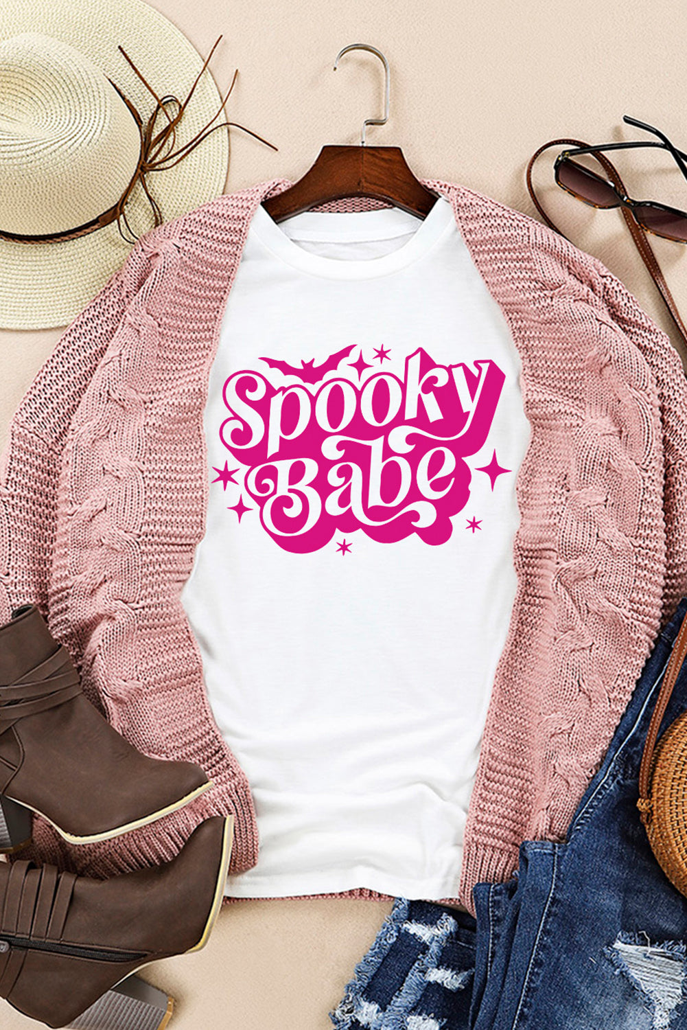 White Spooky Babe Bat Print Halloween Crewneck T Shirt Graphic Tees JT's Designer Fashion