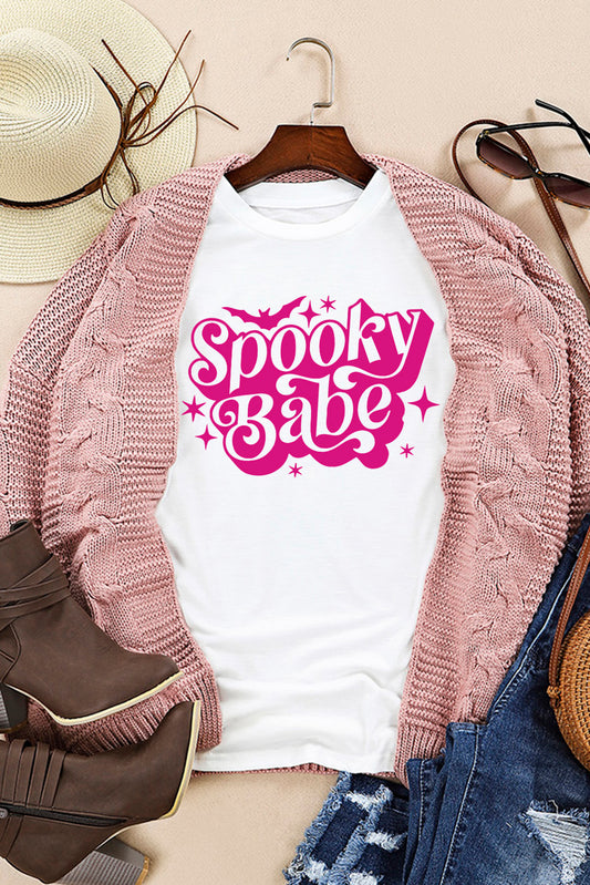 White Spooky Babe Bat Print Halloween Crewneck T Shirt Graphic Tees JT's Designer Fashion
