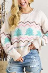White Striped Christmas Tree Ribbed Trim Drop Shoulder Sweater White 48%Acrylic+32%Polyamide+20%Polyester Sweaters JT's Designer Fashion