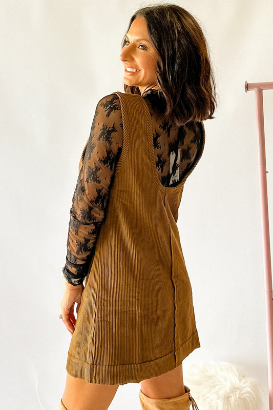 Beige Corduroy Sleeveless Mini Dress With Patched Pockets Mini Dresses JT's Designer Fashion