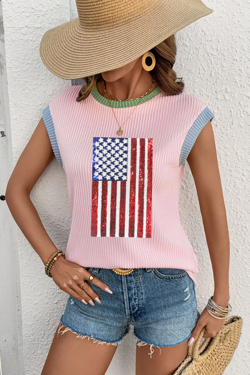 Pink Colorblock Edge Twisted Rib Texture Sequin American Flag Casual T Shirt Graphic Tees JT's Designer Fashion