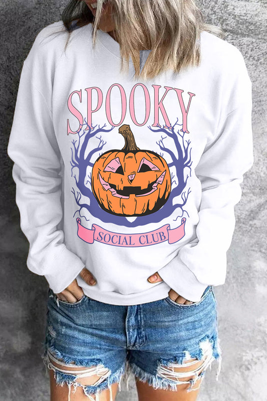 Beige SPOOKY SOCIAL CLUB Halloween Pumpkin Face Graphic Sweatshirt Graphic Sweatshirts JT's Designer Fashion