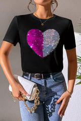 Black Valentine Two Tone Sequined Heart Shaped Graphic T Shirt Graphic Tees JT's Designer Fashion