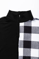 Black Checkboard Patchwork Exposed Stitching Collared Top Long Sleeve Tops JT's Designer Fashion