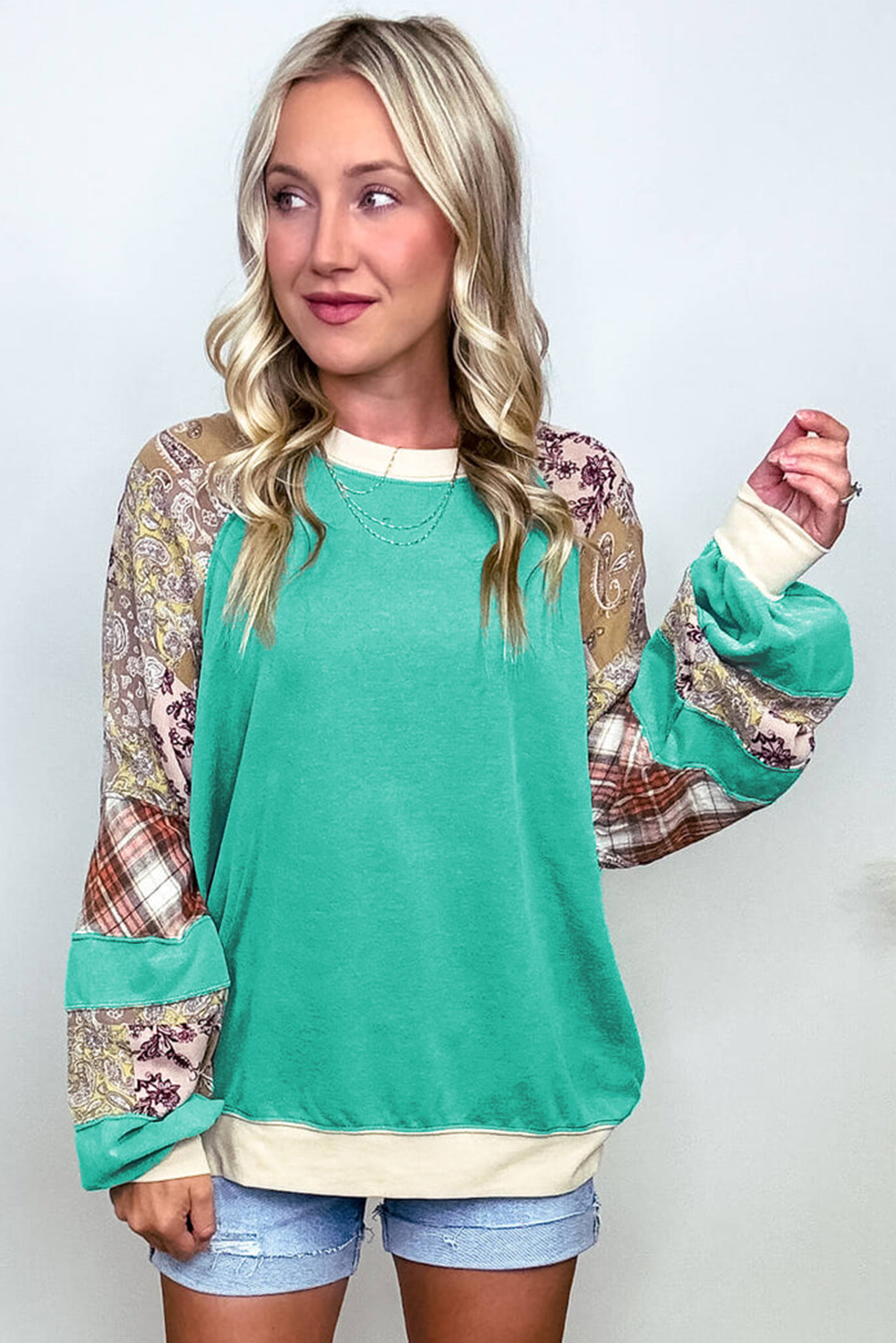 Aruba Blue Plaid Vintage Paisley Patchwork Long Sleeve Raglan Top Long Sleeve Tops JT's Designer Fashion