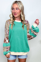Aruba Blue Plaid Vintage Paisley Patchwork Long Sleeve Raglan Top Long Sleeve Tops JT's Designer Fashion