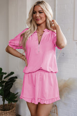 Pink Half Zip Puff Sleeve Top and Ruffled Shorts Set Pink 85%Polyester+10%Cotton+5%Elastane Short Sets JT's Designer Fashion