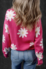 Bright Pink Daisy Flower Crew Neck Long Sleeve Sweater Sweaters JT's Designer Fashion