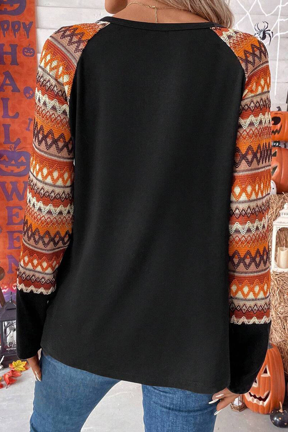 Orange Geo Print Raglan Patchwork Long Sleeve Tee Long Sleeve Tops JT's Designer Fashion