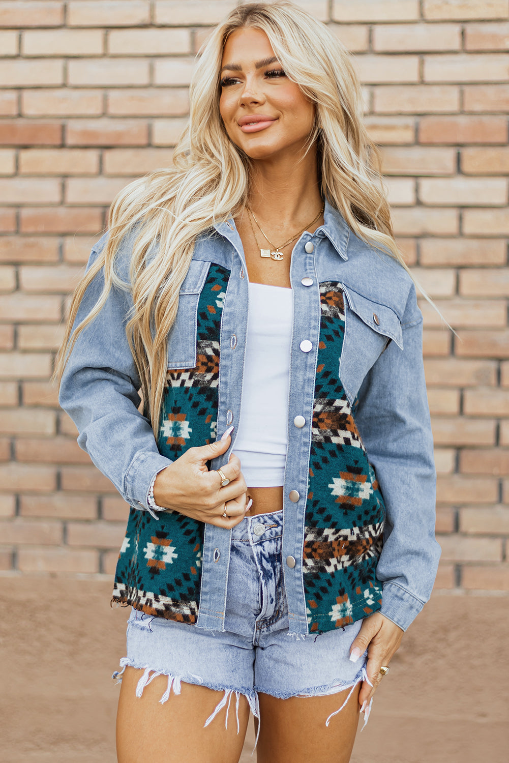 Blue Aztec Printed Denim Jacket Blue 85%Cotton+15%Polyester Denim Jackets JT's Designer Fashion