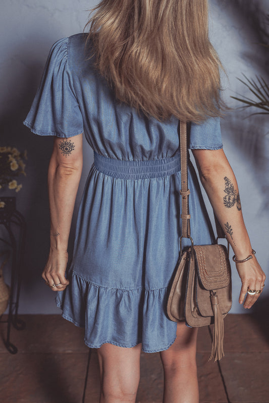 Ashleigh Blue Ruffled V Neck Smocked High Waist Denim Mini Dress Mini Dresses JT's Designer Fashion