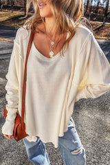 White Waffle Knit Exposed Seam V Neck Oversized Top Long Sleeve Tops JT's Designer Fashion
