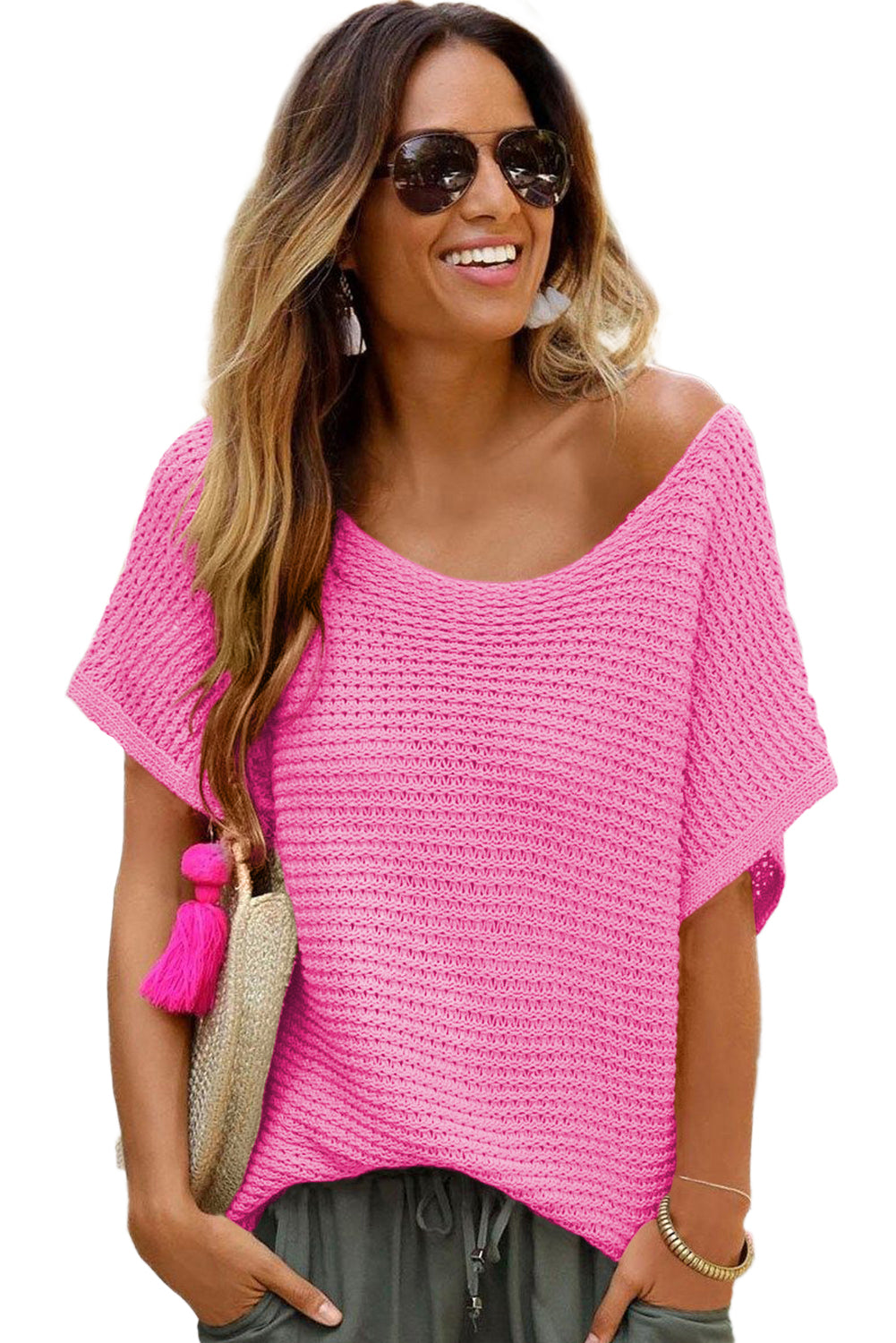 Pink Solid Loose Knit Short Dolman Sleeve Sweater Sweaters & Cardigans JT's Designer Fashion