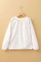 White Eyelet Embroidered Puff Sleeve V Neck Blouse Blouses & Shirts JT's Designer Fashion