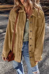 Light French Beige Patched Pocket Button Up Corduroy Shacket Light French Beige 75%Polyester+20%Viscose+5%Elastane Jackets JT's Designer Fashion