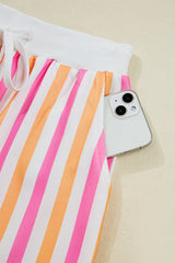 Pink Stripe Drop Shoulder Half Sleeve Loose Tee and Shorts Casual Set Short Sets JT's Designer Fashion
