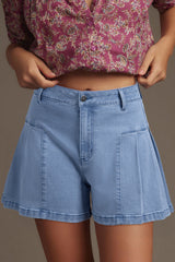 Dusk Blue Pleated Patchwork Wide Leg Lightweight Denim Shorts Dusk Blue 72%Cotton+26%Polyester+2%Elastane Denim Shorts JT's Designer Fashion