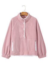 Fushia Stand Neck Half Button Zip Pocket Plush Sweatshirt Sweatshirts & Hoodies JT's Designer Fashion