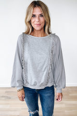 Light Grey Waffle Patchwork Long Sleeve Raw Hem Pullover Top Long Sleeve Tops JT's Designer Fashion