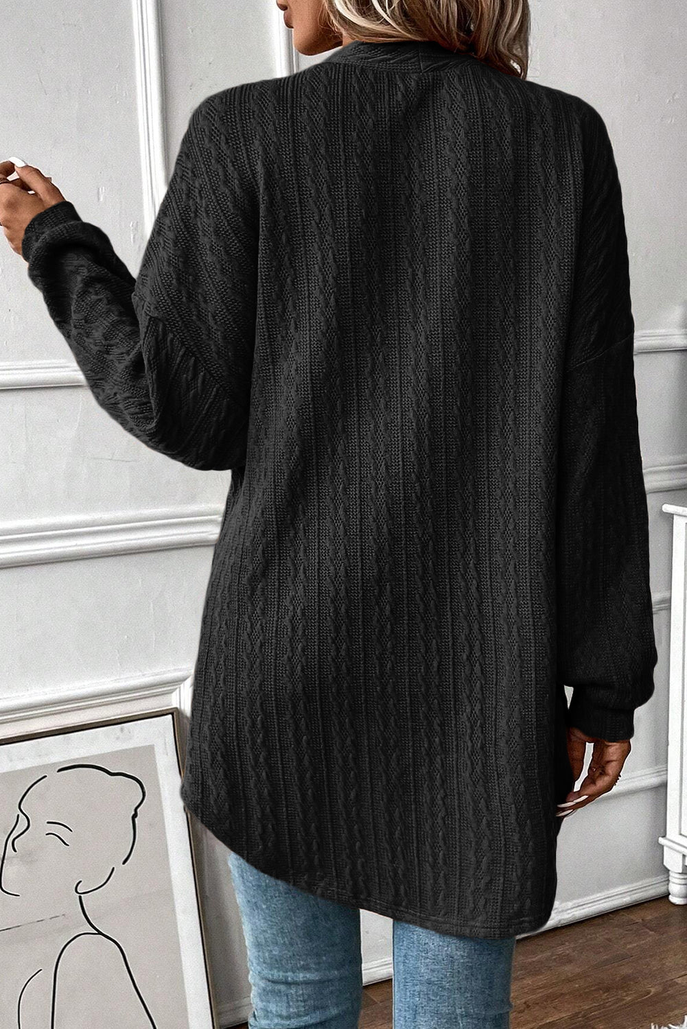 Black Textured Knit Side Pockets Open Front Cardigan Cardigans JT's Designer Fashion