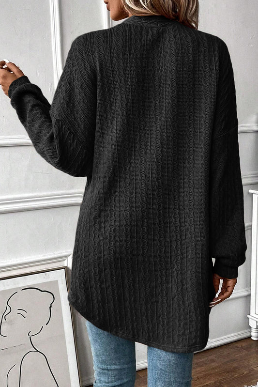 Black Textured Knit Side Pockets Open Front Cardigan Cardigans JT's Designer Fashion