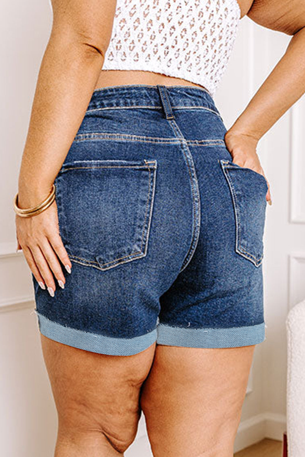 Sail Blue Folded Edge High Waist Plus Size Denim Shorts Plus Size Bottoms JT's Designer Fashion